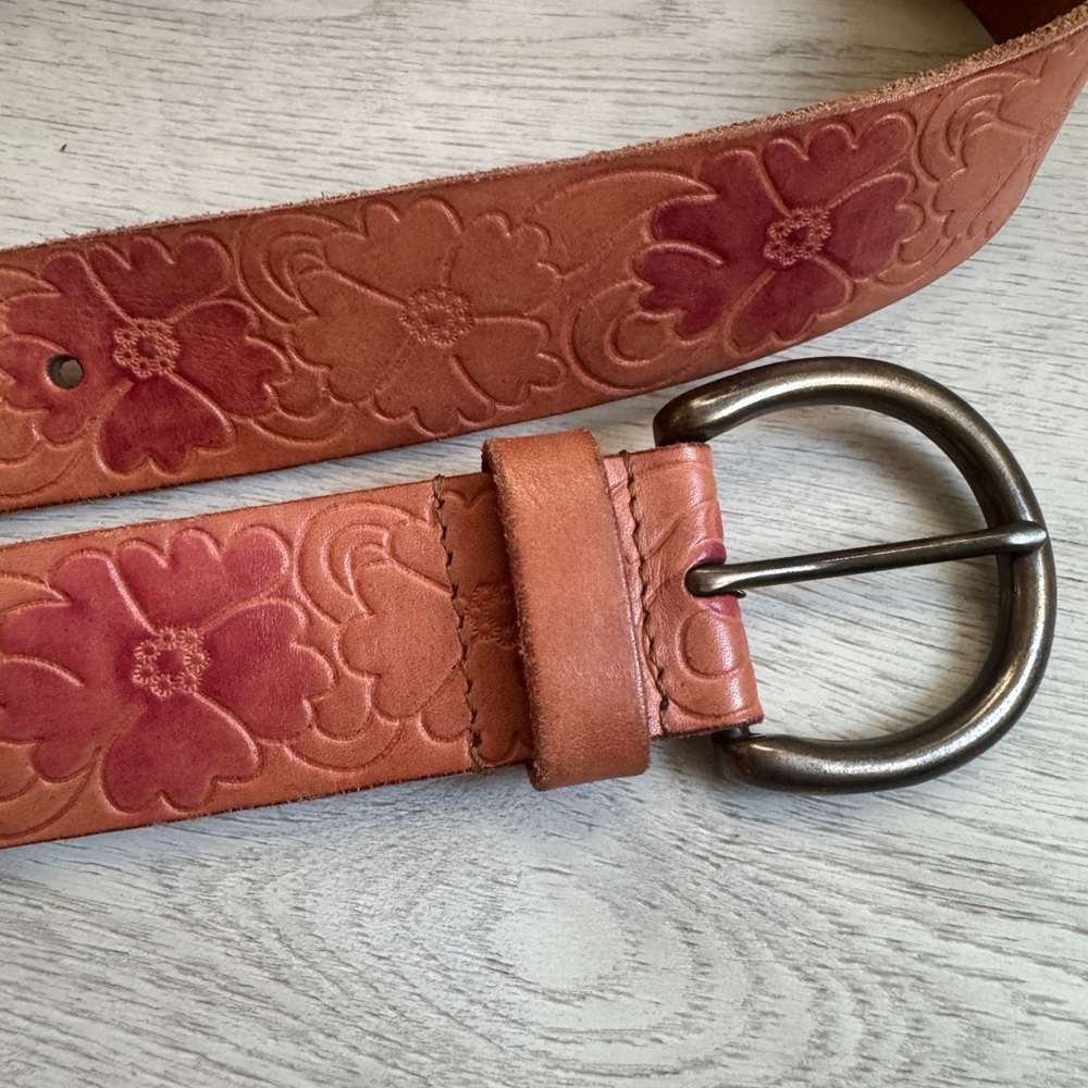 Lucky Brand Floral Embossed Leather Belt - Pink and Tan
